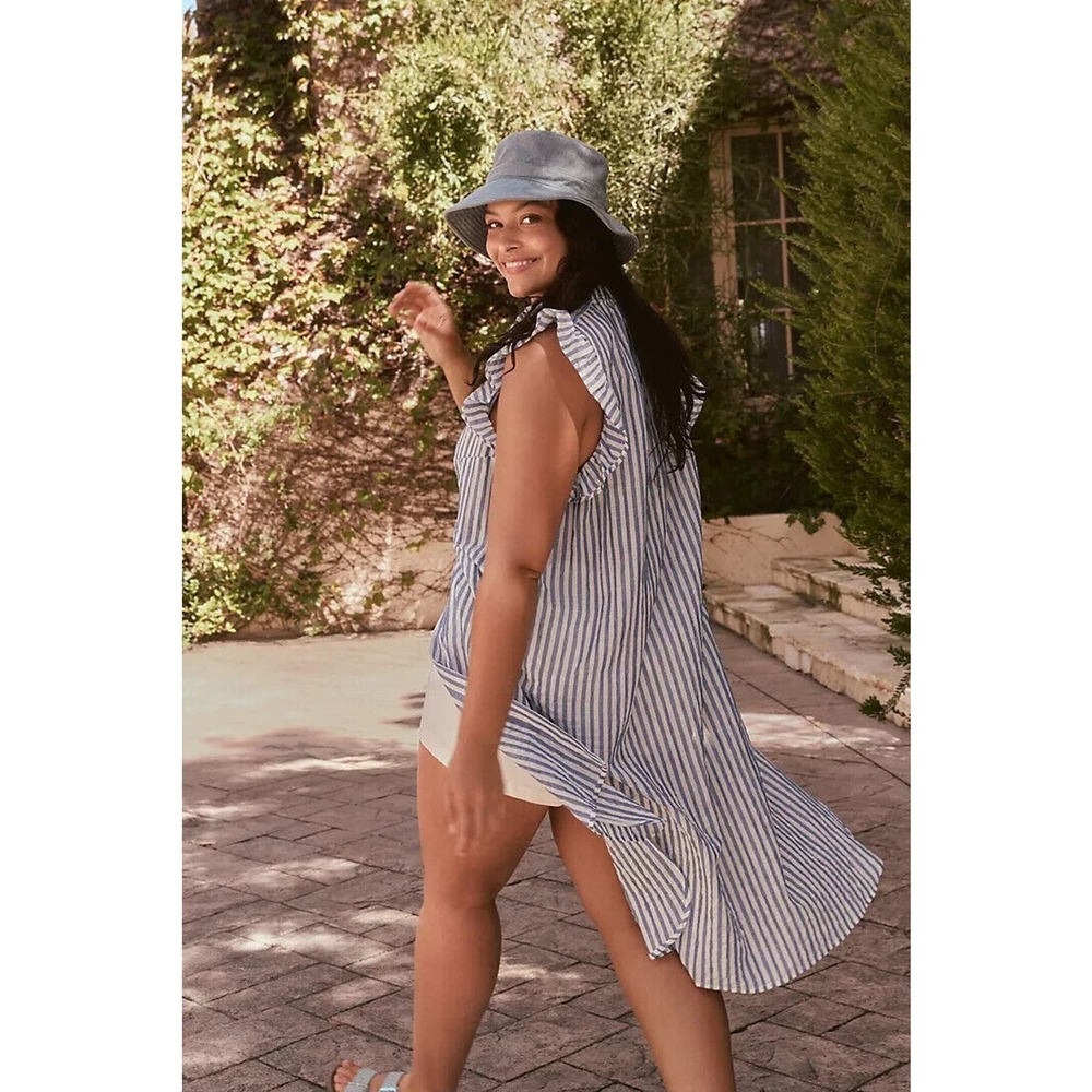 NWT Maeve Anthropologie Sleeveless Long Tunic Ruffle Button Striped Blue Small - Picture 16 of 16